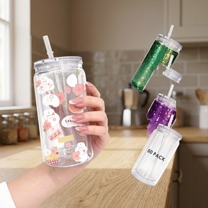 USA RTS 50pack 16oz Clear Plastic Mason <b>Jars</b> Cups Flip Straw Lids BPA Free Direct Drinking Boiling <b>Water</b> Applicable Self-driving - Product Image 3