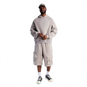 Conjunto Deportivo con Capucha para Hombre, Color Gris Claro, Estilo Urbano, con Bolsillos Laterales, Cintura Elástica, Corte Holgado, Ropa Casual de Verano - Product Image 1