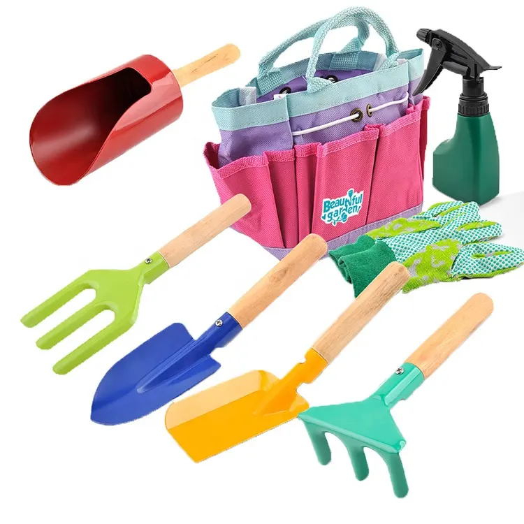 Ensemble d'outils de jardin en métal coloré pour enfants, 8 pièces tout-en-un avec sac à outils de jardin