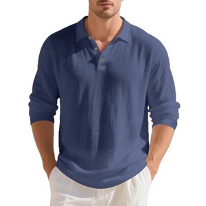 <span class=keywords><strong>Polo</strong></span> a Maniche Lunghe da Uomo 95% Lino 5% Poliestere Tessuto Tinta Unita Vestibilità Rilassata Pronta Consegna Primavera - Product Image 5