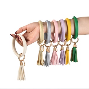 Hot Selling PU <b>Leather</b> Tassel <b>Bracelet</b> Wristbands Keychain Manufacturer Wholesale Fashion Tassel PU <b>Leather</b> Wristlet Keychain - Product Image 1
