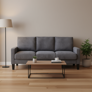 Divano Moderno da Soggiorno in Tessuto Grigio Scuro a Tre Posti con Cuscini Imbottiti, Schienale e Braccioli Quadrati, Gambe in Legno - Product Image 2