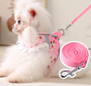 Arnés de malla ajustable para mascotas, chaleco con estampado de fresas para perros y gatos con correa rosa - Product Image 2
