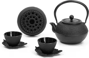 Customized Cast Iron Teapot Set 40oz Enamel Coated Cast Iron Tea Kettle With Tea Cups Saucers Infuser Warmer