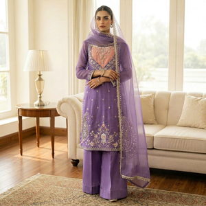 Conjunto de traje Salwar Kameez de gasa bordada morada para mujer con dupatta, cuello en V, largo completo, elegante, para fiesta - Product Image 1