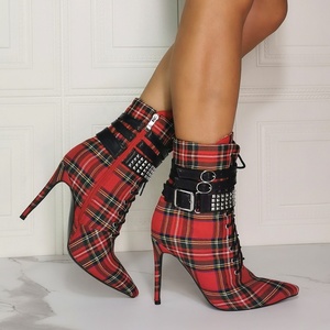 Big Size 47 New Arrivals Plaid Pattern Ankle Buckle Strap Pointed Toe Women Ankle Boots Thin High <b>Heel</b> Short Booties for Ladies - Product Image 2
