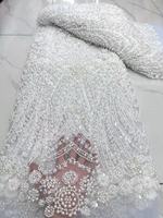 Tissu en dentelle tricoté de poids moyen avec perles en relief, polyester/coton, 10 couleurs en stock, pour robe de mariée africaine de luxe ou de soirée