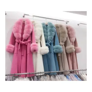 Wholesale manufacturers fashion clothing woolen real fox fur trim wool trench coats women cashmere coat with fur