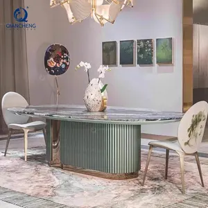 Juego de mesa de comedor de mármol verde ovalado, 6 plazas con silla, mesa de comedor única de lujo de gama alta, muebles, fábricas en Italia