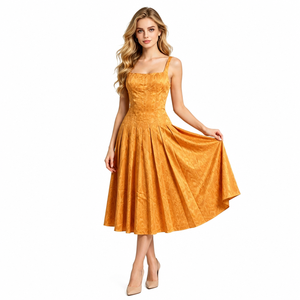 Abito Midi da Donna Senza Maniche con Pieghe Profonde, Scollo Quadrato, in Jacquard Testurizzato, Linea ad A, per Cocktail Party, Stile Miyake - Product Image 5