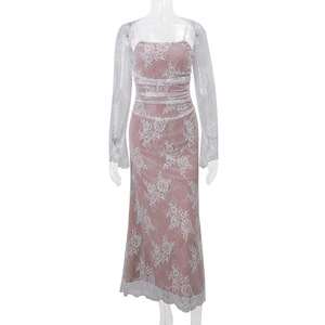 Set di Abiti in Pizzo a 2 Pezzi per Donna: Vestito <span class=keywords><strong>Lungo</strong></span> con Spalline Sottili e Shrug Coordinato in Pizzo per Serate Eleganti Sehe Fashion - Product Image 2