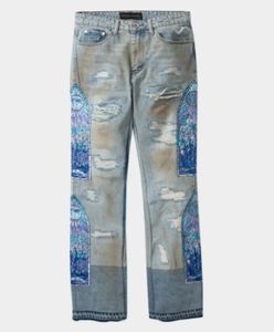 جينز عالي الشارع مطرز من الرياح أم جينز رجالي مطاطي ممزق جينز جينز غير رسمي ملابس شارع مغسولة - Product Image 2