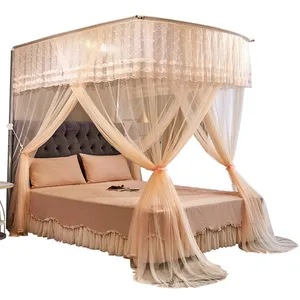 Floor-Length Hem Design Ruffle Lace Border Mosquito Net Three-Sided Door Opening Curved Extendable Mosquito Net