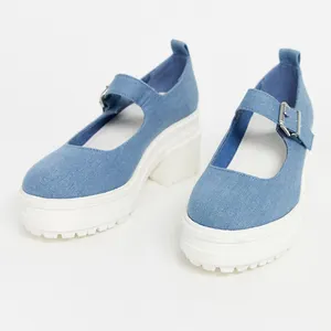新款时尚设计师圆头踝扣设计蓝色牛仔鞋面厚女玛丽简斯风格平台女鞋