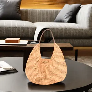 Женская большая летняя сумка через плечо, ручная плетение, оранжевая соломенная сумка с кожаными ручками, непромокаемая сумка для покупок