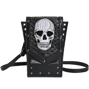 Bolsa de cintura com cinto de couro estofado bordado, bolsa crossbody gothic crânio, pochete feminina para Halloween