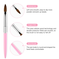 Kuas Akrilik Kuku Pink Kolinsky Sable 100% Asli Pure Beauty dengan Alat Manikur, Kit Pena Gambar Seni Kuku Gel UV