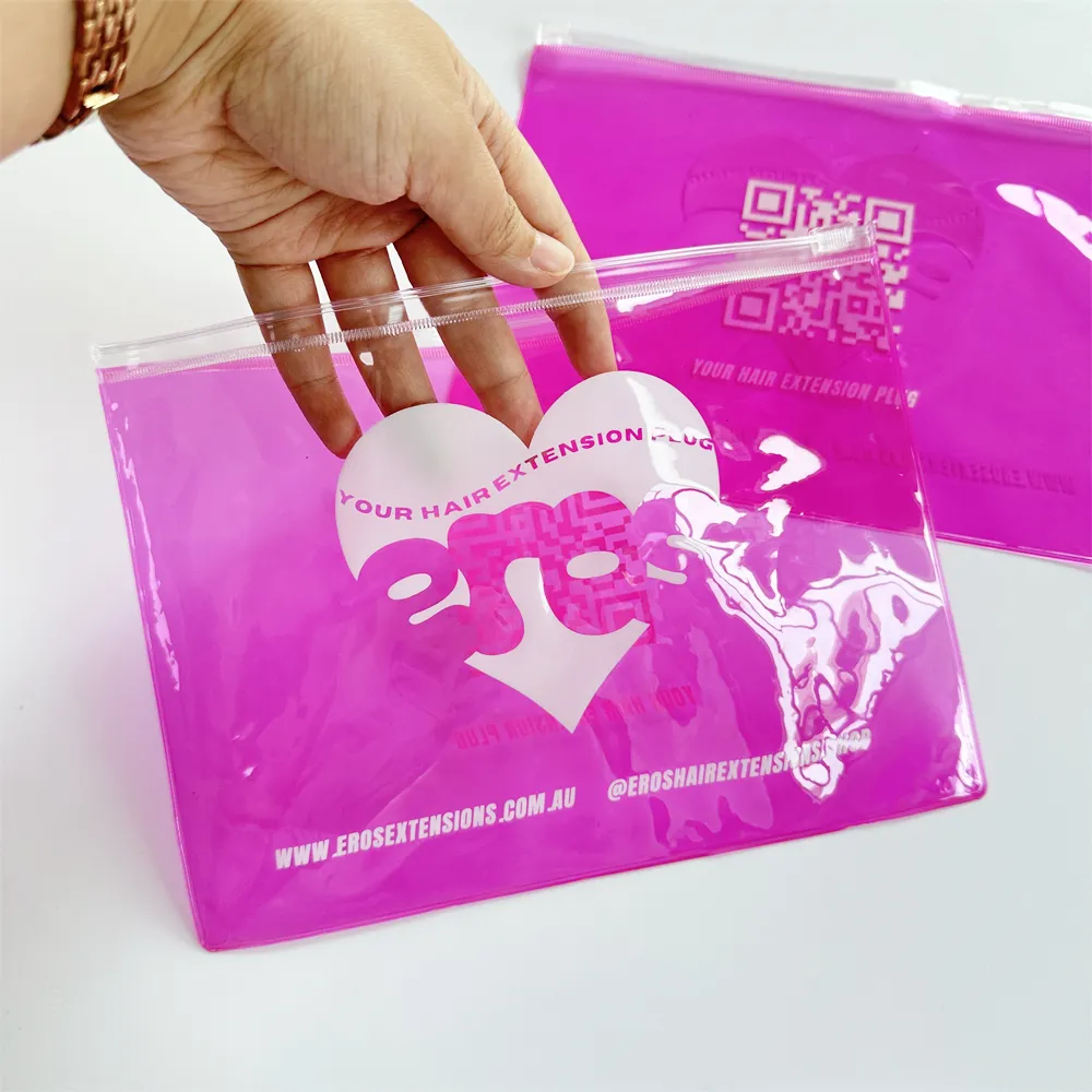 Kustomisasi mode kantung plastik bening untuk kemasan kosmetik kantung Ziplock merah muda Logo cetak Zip transparan kantong perhiasan
