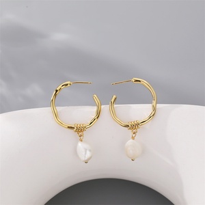 <b>Fine</b> 18k Gold Plated <b>Earrings</b> Freshwater Pearl <b>Stud</b> <b>Earring</b> Stainless Steel c Shape <b>Earrings</b> Women - Product Image 5
