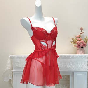 YCH Ingrosso Lingerie Semitrasparente di Alta Gamma con Imbottiture sul Seno, Camicia da Notte Sexy Rossa per Donne - Product Image 2