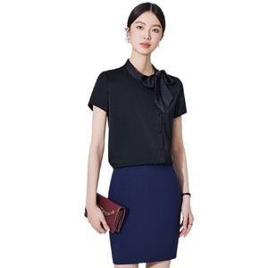 White Short Sleeve Blouse With Bow Tie Button Down Women's Work Shirt Professional Office Wear Poplin Fabric - Product Image 5