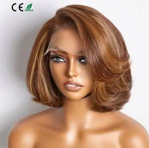 Perruques brésiliennes courtes et lisses 13x4 en dentelle frontale, cheveux humains vierges transparents, densité 250%, avec frange, noires, vente en gros - Product Image 1