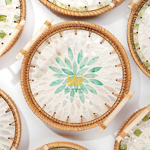 Eco-friendly Decorative Round Mother of Pearl and Rattan Handmade Serving & Storage Tray with <b>Handle</b> From Vietnam - Product Image 5