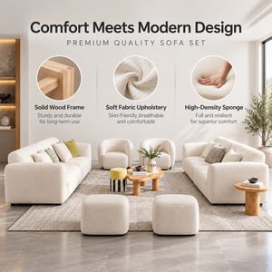 VB Contemporary Cream Fabric <b>Sofa</b> Set Solid <b>Wood</b> <b>Frame</b> High Density Foam Cushions Modern 3 Seater Couch <b>for</b> Luxury Living Room - Product Image 3