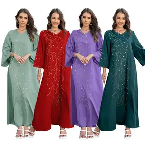 Abaya Women Muslim Dress Turkey Hot Diamond V-neck Long Sleeve Loose Fit Robe Dress Islamic Clothing Abaya Muslim Women Dress