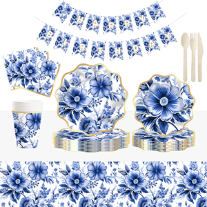 DAMAI Blue Flower <b>Disposable</b> <b>Tableware</b> 10Inch 8Inch Elegant Floral Gold Paper Plates Blue Floral Cups for Birthday Wedding - Product Image 2