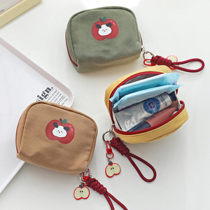 Cartoon Apple Canvas Cosmetic Bag Small Zipper Portable <b>Makeup</b> <b>Case</b> With Rope Handle - Product Image 1