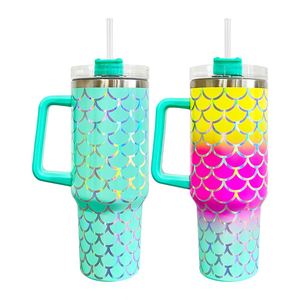 <b>40oz</b> Holographic Mermaid Scales Stainless Steel <b>Tumbler</b> <b>with</b> <b>Handle</b> and Straw - Product Image 4
