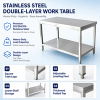Tables de travail en acier inoxydable 316 304 avec étagère inférieure pour cuisine commerciale et transformation alimentaire