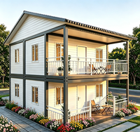 Maison conteneur préfabriquée à double étage avec cuisine moderne, balcon, toit incliné, fenêtres pleine hauteur et bureau