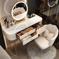 Nouvelle Table de Maquillage Moderne avec Miroir sur Pied, Plateau en Verre Trempé et Pieds Dorés, Table de Coiffure pour Chambre à Coucher avec Tiroir de Rangement