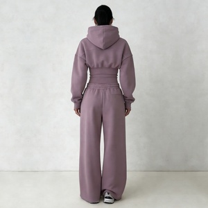 Ensemble de survêtement décontracté à manches longues élégant et personnalisé, taille cintrée, sweat à capuche zippé et pantalon de <span class=keywords><strong>jogging</strong></span> à jambes larges, deux pièces pour femmes - Product Image 3