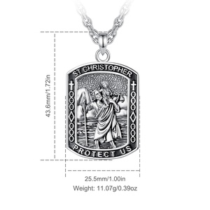 Pendentif rectangulaire Saint Christophe en cuivre plaqué argent lourd, émail noir, collier religieux de bénédiction pour homme - Product Image 2