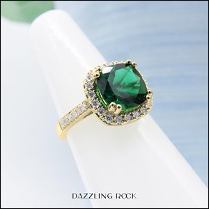 SGARIT custom <b>Cushion</b> Cut Green LAB emerald Gemstone Cocktail <b>Ring</b> In Yellow Gold With Pave Diamond Halo For Women Luxury Style - Product Image 2