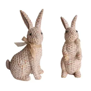 Custom Resin Rattan Rabbit Statue Sitting Bunny Easter Rabbit Figurines ,Resin Rattan Rabbit Ornament Christmas Decorations