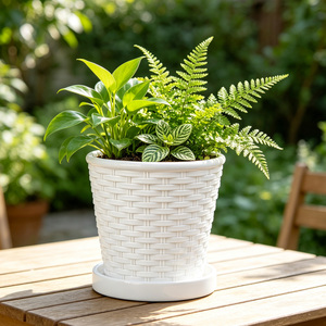 Plateau de pot de fleurs extra large <span class=keywords><strong>en</strong></span> <span class=keywords><strong>résine</strong></span> plastique <span class=keywords><strong>tressée</strong></span>, durable, avec trou de drainage, design traditionnel, pour plantes d'intérieur et succulentes - Product Image 1