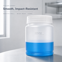 Pot en plastique à large ouverture de 225 ml, corps blanc translucide, base bleue, bouchon à vis côtelé, ligne de remplissage marquée, emballage cosmétique, approvisionnement direct