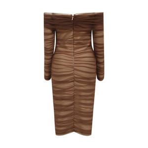 Nuevo vestido de moda elegante marrón fuera del hombro malla fruncida manga larga Midi Bodycon vestido - Product Image 5