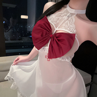 Uniforme de Enfermera Sexy para Mujer, Lencería de Juego de Roles, Disfraz de Teddy, Vestido Mini de Encaje con Lazo Grande, Ropa de Dormir