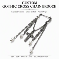 Broche personnalisée en forme de croix gothique, chaîne en acier inoxydable, épingle de sûreté, pendentif perle, bijoux OEM ODM, fabricant de marques privées
