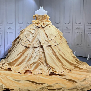 Robes de Quinceañera de luxe Lsmu177 en satin doré, style robe de bal, appliquées, à volants avec traîne, pour filles Jancember - Product Image 5