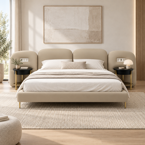 Lit de luxe avec tête de lit multi-coussins en tissu, structure en bois massif de bouleau russe, mousse haute résilience, pieds en métal, matelas de 1,8 m - Product Image 3