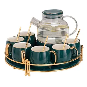 Borosilicaatglas Theepot Met Kookplaat Warmer Theeset, 1 Pot 6 Kopjes Metalen Houder & Keramisch Dienblad, Afternoontea Koffieset Cadeau