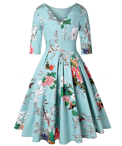 Robe décontractée pour femmes, style rétro vintage, imprimé floral, manches courtes, col bateau, robe évasée - Product Image 3