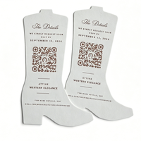 Carte de vœux unique en forme de botte découpée, en papier texturé épais, avec code QR personnalisé et texte en relief, pour invitation de mariage ou carte de détail