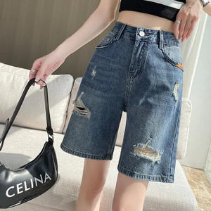 Short en jean déchiré pour femme en été à cinq points mince taille haute A-line lâche mince petit pantalon mi-long rétro à jambes larges - Product Image 4